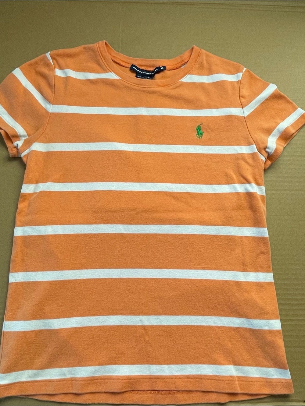 Ralph Lauren XL Sport Shirt kid’s Orange White Striped Short Sleeve Casual